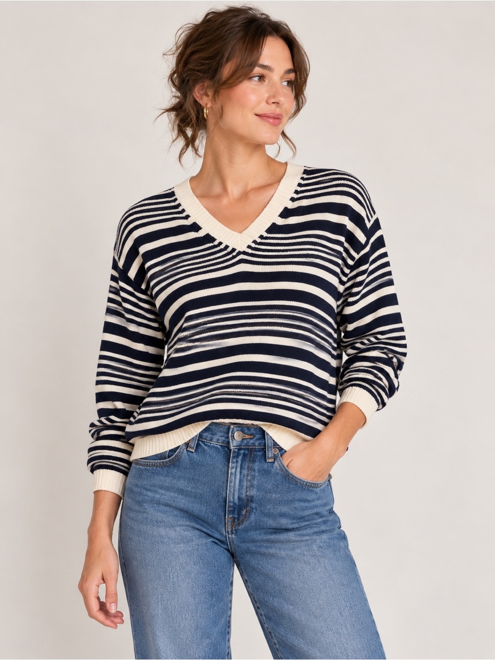 Vintage 90s The Limited Navy Cream Striped Cotton V Neck Sweater L